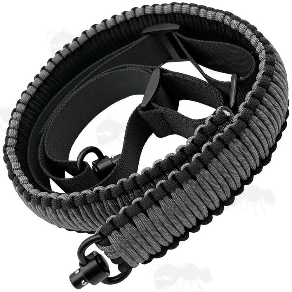 Long Two Tone Grey and Black Paracord Wide Weaved Rifle Sling with Fitted Push Fit 10mm Socket QD Swivels