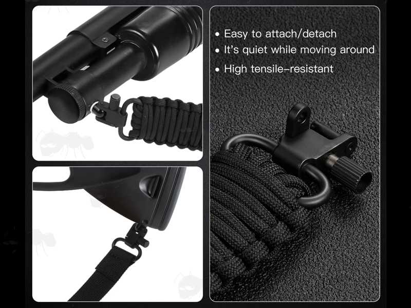 Long Black Paracord Wide Weaved Rifle Sling with Fitted Quick-Release Gated Swivels, Shown Fitted to a Shotgun