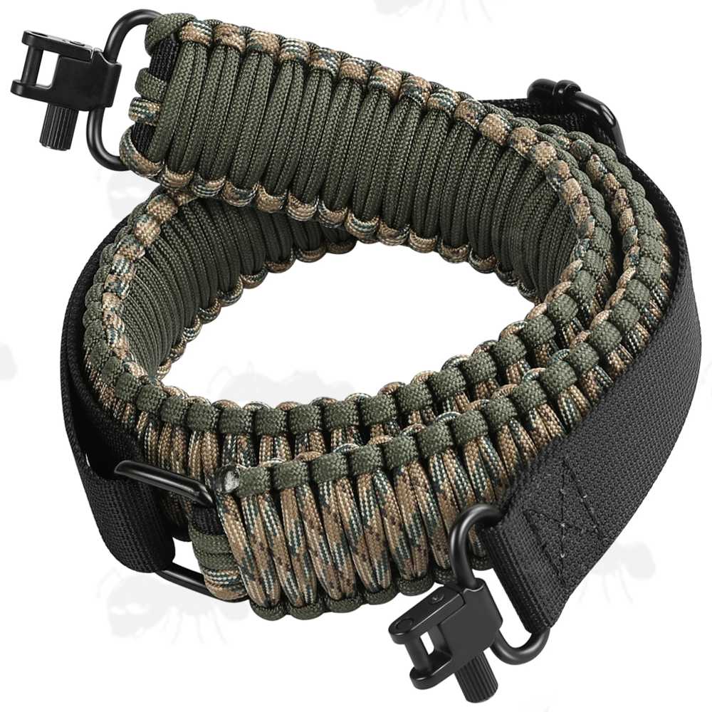 Long Green and Tan Camouflage Paracord Wide Weaved Rifle Sling with Fitted Quick-Release Gated Swivels