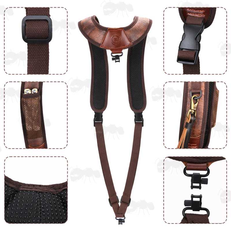 Features on The Brown TU Leather and Black Neoprene Padded Hunting Gun Back Harness Sling Fitted with Black Metal QD Swivels and Plastic Side Release Buckles