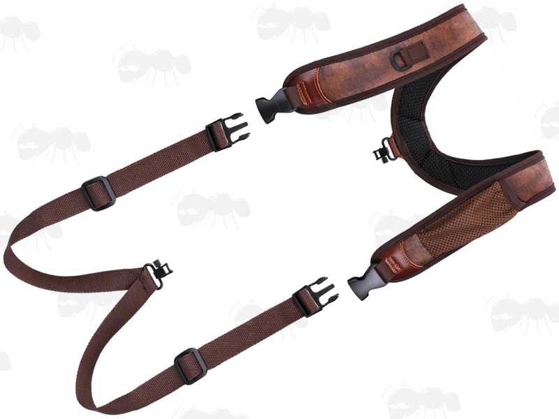 Brown TU Leather and Black Neoprene Padded Hunting Gun Back Harness Sling Fitted with Black Metal QD Swivels and Plastic Side Release Buckles, Shown with Straps Unbuckled