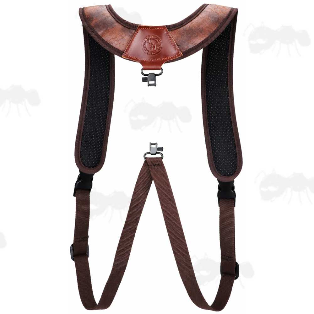 Brown TU Leather and Black Neoprene Padded Hunting Gun Back Harness Sling Fitted with Black Metal QD Swivels and Plastic Side Release Buckles