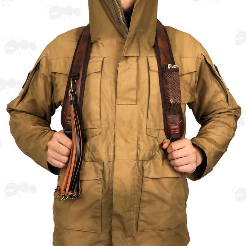 Brown TU Leather and Black Neoprene Padded Hunting Gun Back Harness Sling Fitted with Black Metal QD Swivels and Plastic Side Release Buckles, In Use