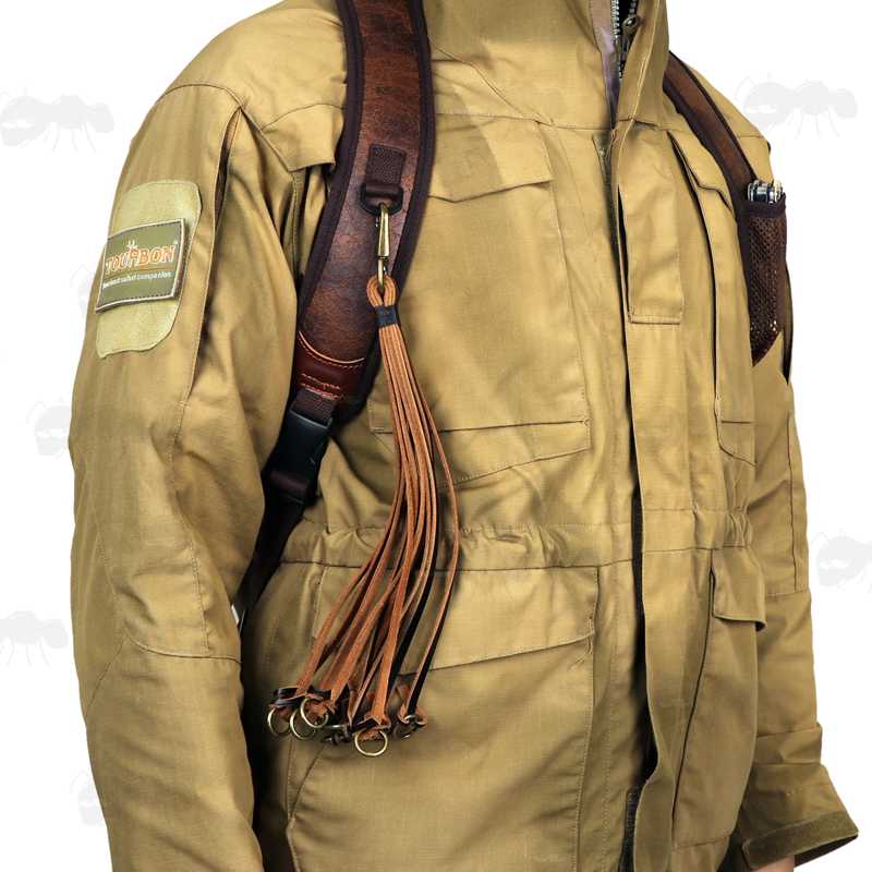 Brown TU Leather and Black Neoprene Padded Hunting Gun Back Harness Sling Fitted with Black Metal QD Swivels and Plastic Side Release Buckles, In Use with View of The Game Carrier D-Ring