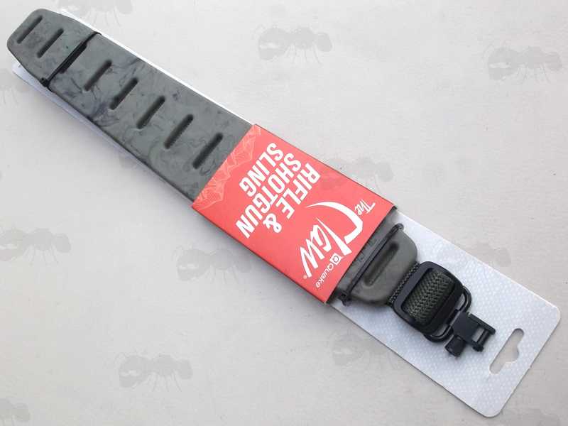 Quake Olive Drab Green Camouflage Claw 2.0 Gun Sling with Hush Stalker Metal QD Swivels, In Display Hanger Card Packaging