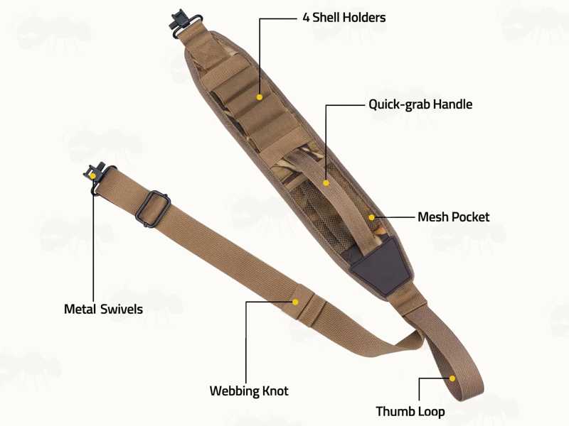 Features on The Tan and Camouflage Pattern Shotgun Sling with Mesh Pocket and Four 12g Cartridge Holder Loops, Fitted with QD Stud Fitting Swivels