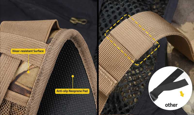 Close-Up Views of The Material On The Tan and Camouflage Pattern Shotgun Sling with Mesh Pocket and Four 12g Cartridge Holder Loops, Fitted with QD Stud Fitting Swivels