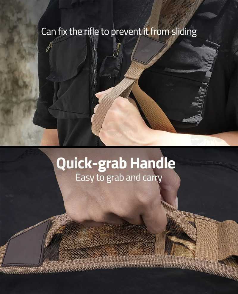 Handle Grips on The Tan and Camouflage Pattern Shotgun Sling with Mesh Pocket and Four 12g Cartridge Holder Loops, Fitted with QD Stud Fitting Swivels