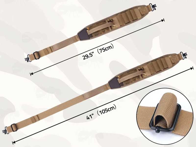 Shortest and Longest Length View of The Tan and Camouflage Pattern Shotgun Sling with Mesh Pocket and Four 12g Cartridge Holder Loops, Fitted with QD Stud Fitting Swivels