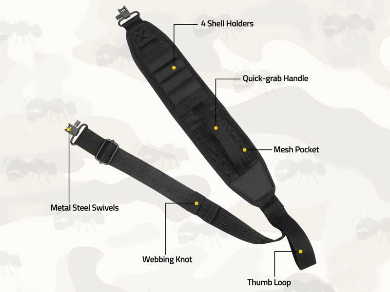 Features on The All Black Shotgun Sling with Mesh Pocket, Hand Grip Handle and Four Cartridge Holding Loops, Fitted with QD Stud Fitting Swivels