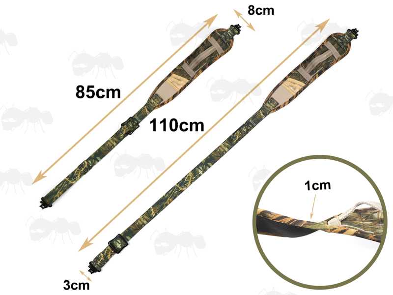Shortest and Longest Length View of The All Reed Camouflage Pattern Shotgun Sling with Mesh Pocket and Hand Grip Handle, Fitted with AnTac QD Stud Fitting Swivels