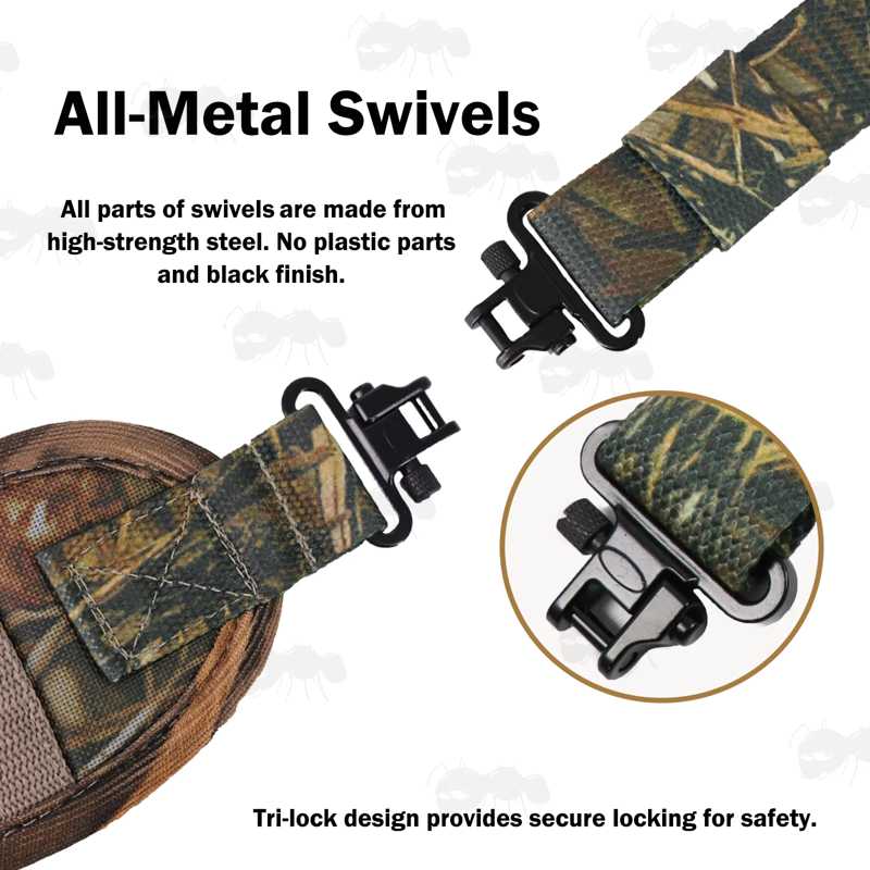 Close-Up Views of The All Metal AnTac QD Swivels on The All Reed Camouflage Pattern Shotgun Sling with Mesh Pocket and Hand Grip Handle
