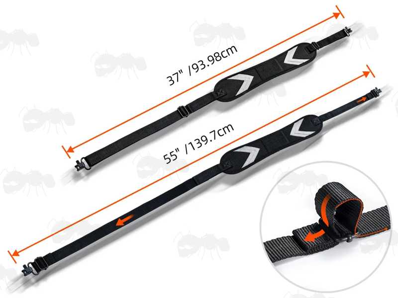 Minimum and Maxiumum Length Views of The Black Shotgun Sling with Mesh Pocket and Hand Grip Handle, Fitted with Deluxe QD Stud Fitting Swivels
