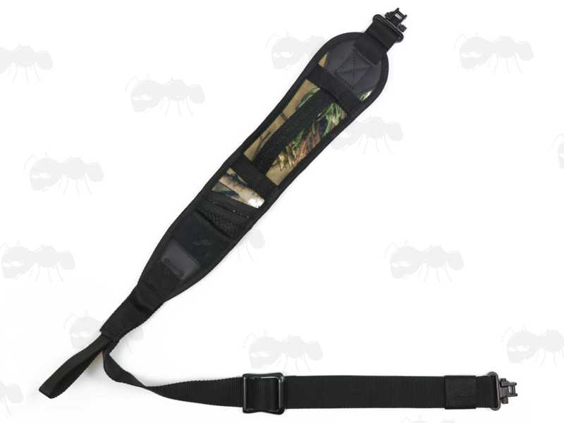Black and Tree Camouflage Pattern Shotgun Sling with Mesh Pocket and Hand Grip Handle, Fitted with AnTac QD Stud Fitting Swivels