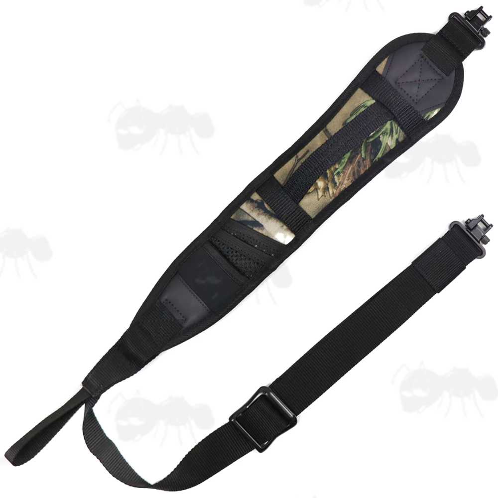 Black and Tree Camouflage Pattern Shotgun Sling with Mesh Pocket and Hand Grip Handle, Fitted with AnTac QD Stud Fitting Swivels