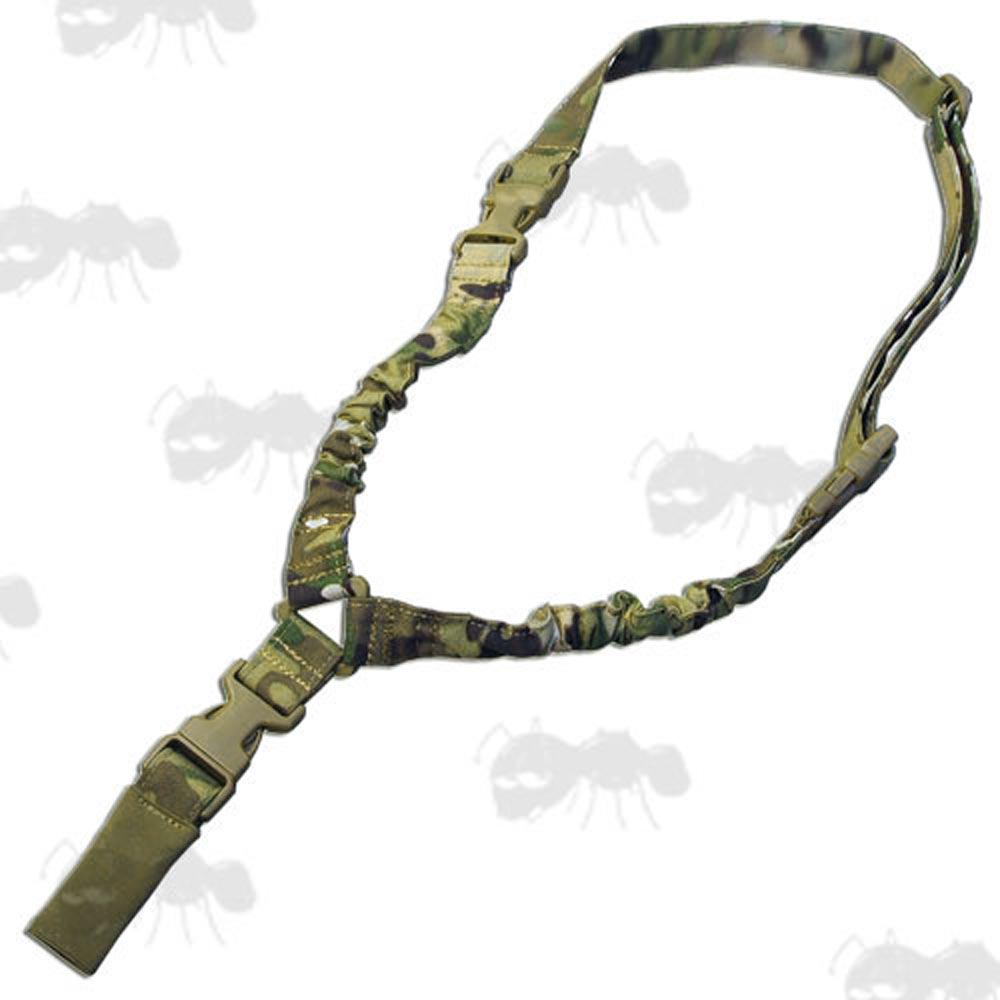 Single Point QR One Point Bungee Sling in Multi-Camo with Tan Buckles