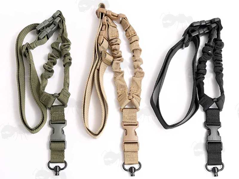 Three Single Point QR One Point Bungee Slings in Olive Green, Tan and Black
