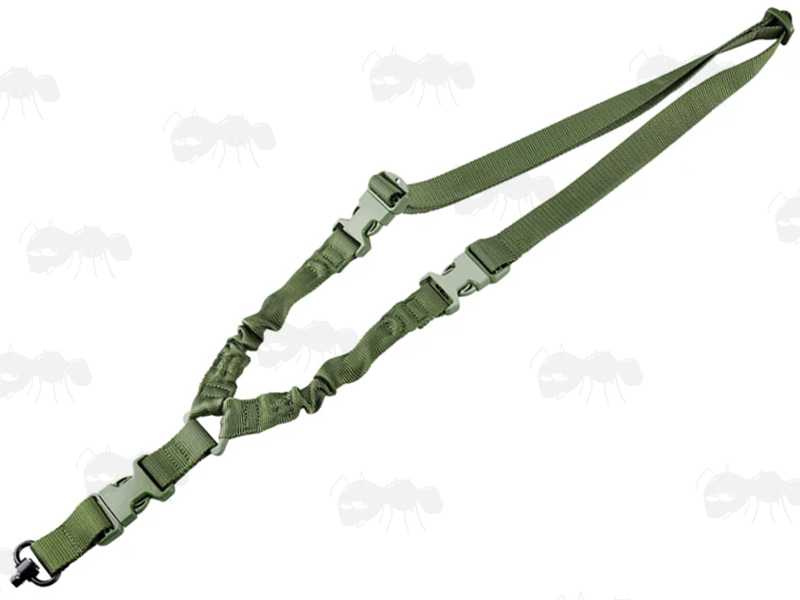 Green Single Point Bungee Rifle Sling with 10mm Diameter Quick-Release Push Button Socket Swivel and Three QD Buckles