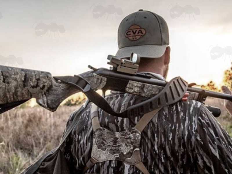 Quake Black Contoured Claw Rifle / Shotgun Sling with QD Swivels, Shown Fitted to Shotgun Being Held on Shoulder