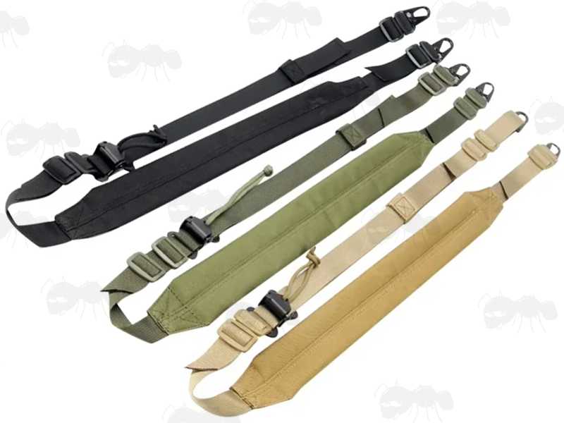 Black, Green and Tan Coloured Padded Tactical Light Machine Gun Slings with HK Style Wide Mount Clips