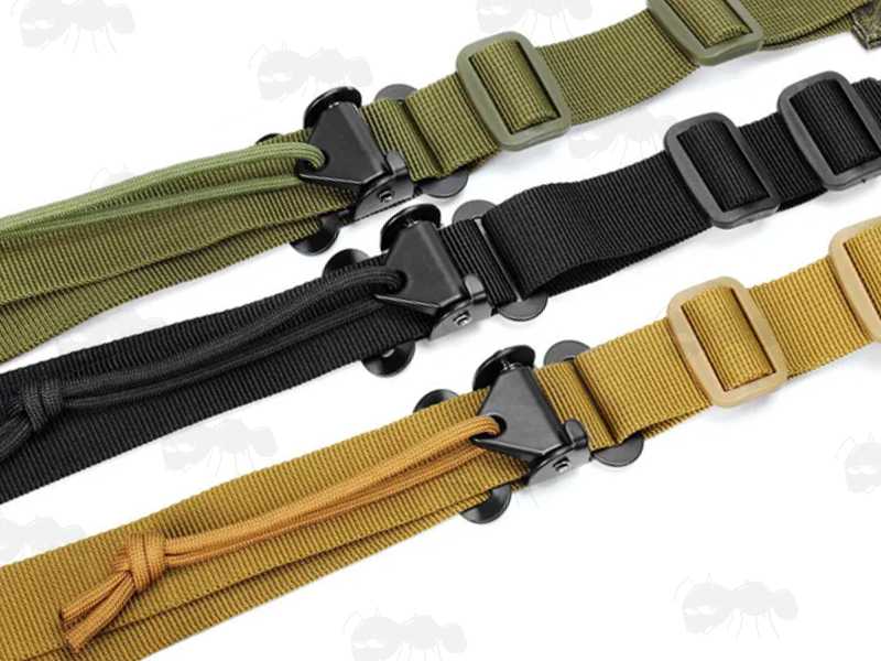 Close-Up View of The Length Adjustment Metal Buckles on The Black, Green and Tan Coloured Padded Tactical Light Machine Gun Slings with HK Style Wide Mount Clips