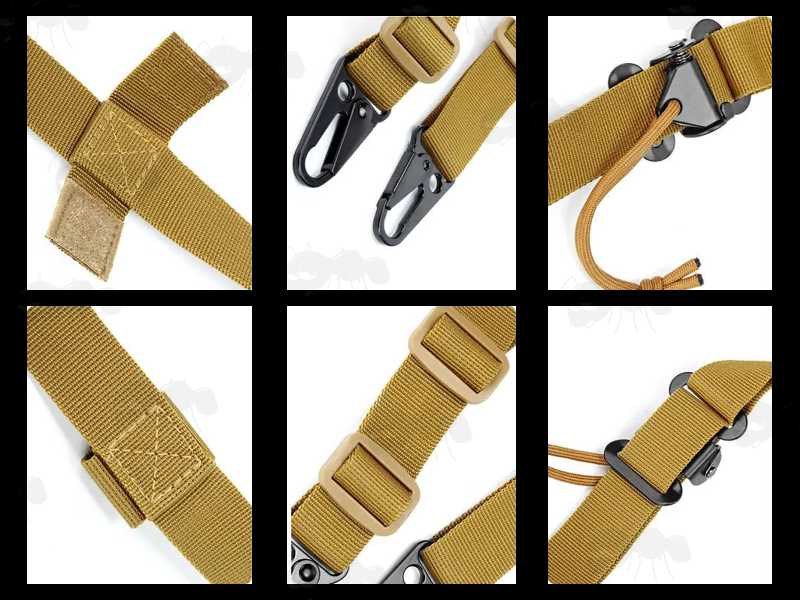 Features on The Padded Tan Tactical Light Machine Gun Sling with HK Style Wide Mount Clips
