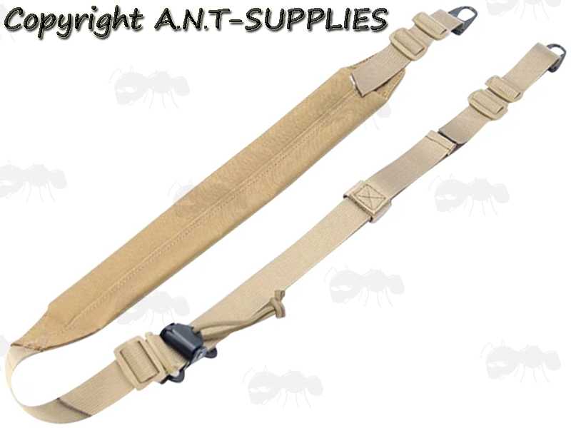 Padded Tan Tactical Light Machine Gun Sling with HK Style Wide Mount Clips