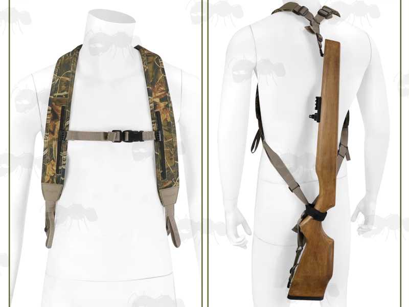 Khaki Canvas and Reed Camouflage Neoprene Backpack Harness Style Rifle Sling Shown In Use Over Shoulder and On Back