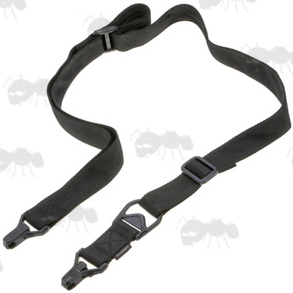 Black Two Point Multi Rifle Sling in Single Point Setup with Metal Clip On Fittings