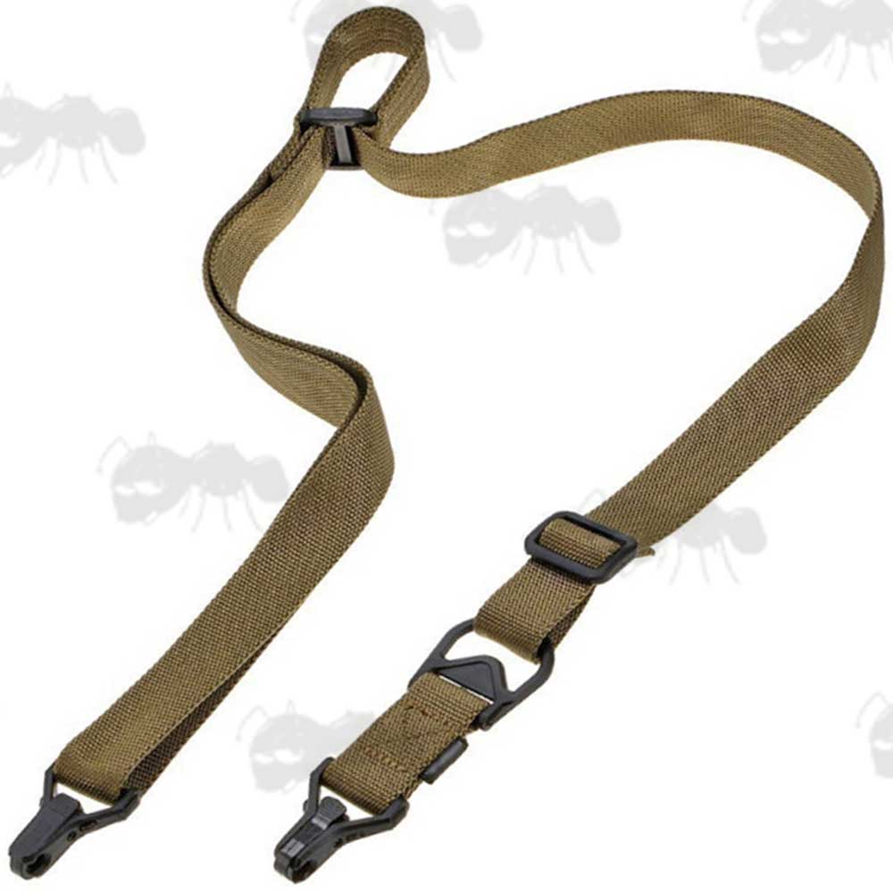 Tan Two Point Multi Rifle Sling in Single Point Setup with Metal Clip On Fittings