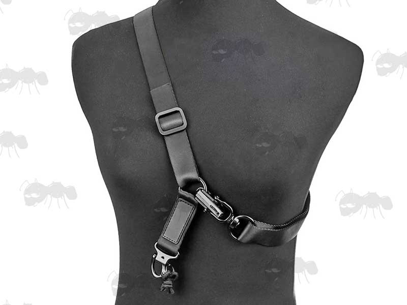Black Two Point Multi Rifle Sling with Metal Clip On and Swivel Pull Ring Fittings Being Worn