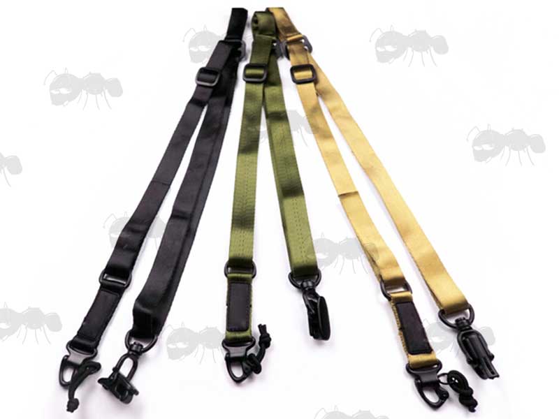 Black, Green and Tan Two Point Multi Rifle Slings with Metal Clip On and Swivel Pull Ring Fittings