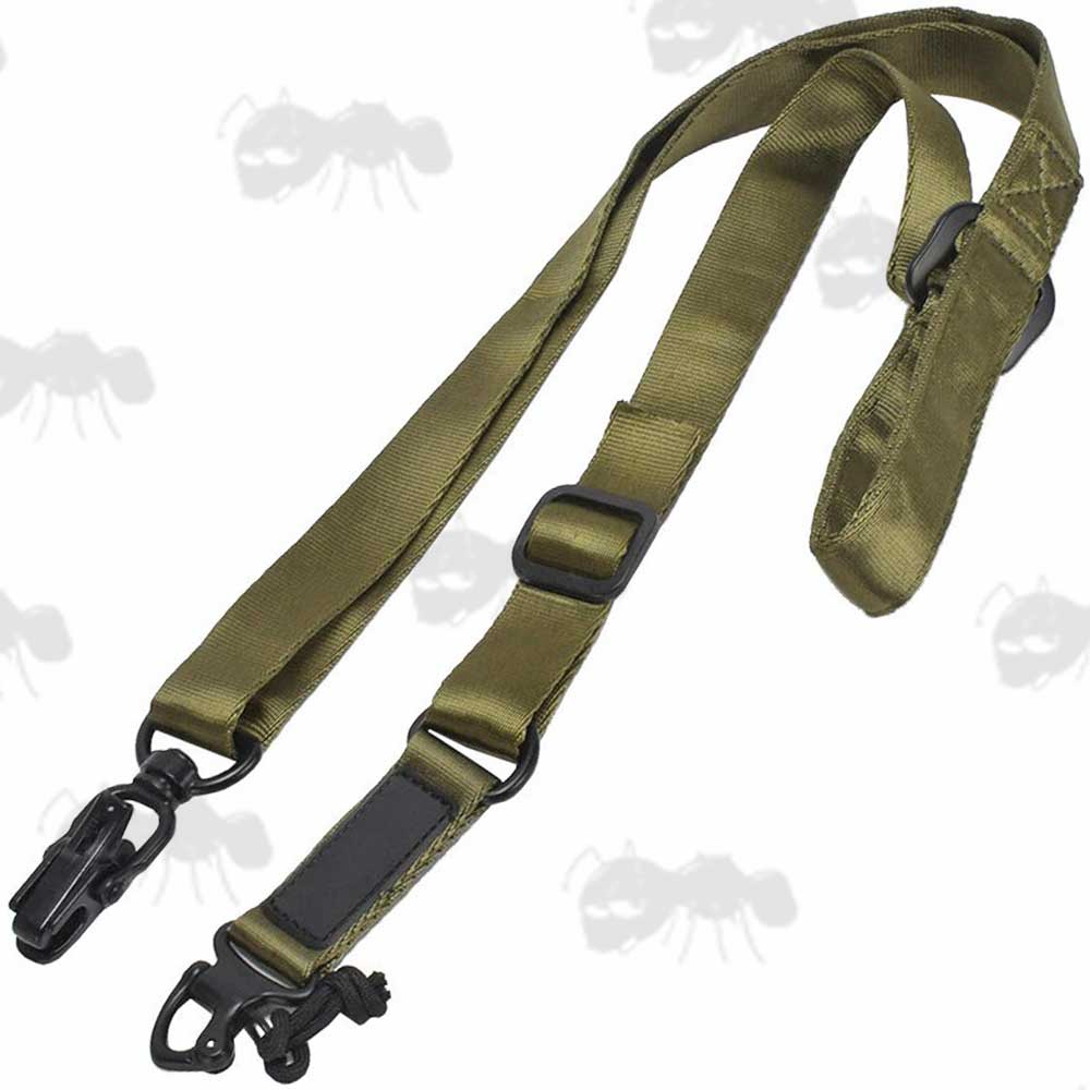 Green Two Point Multi Rifle Sling with Metal Clip On and Swivel Pull Ring Fittings