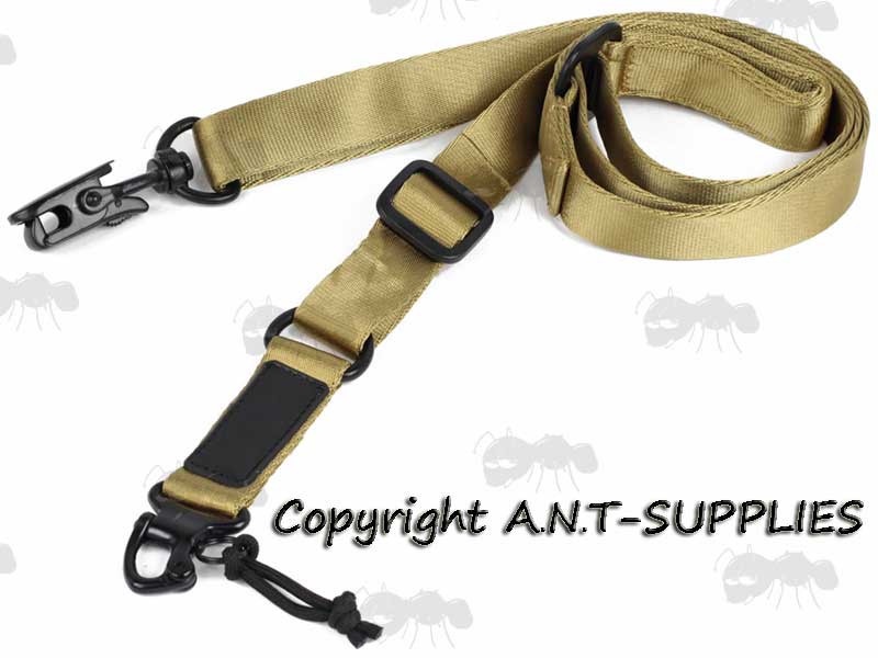 Tan Two Point Multi Rifle Sling with Metal Clip On and Swivel Pull Ring Fittings
