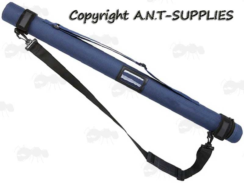 Black Canvas Shoulder Carry Sling with Velcro Loop End Fittings Fitted to a Blue Storage / Carry Tube