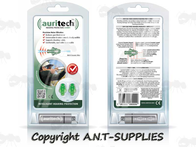 Front and Back View of The Auritech Shooting Ear Plugs in Packaging