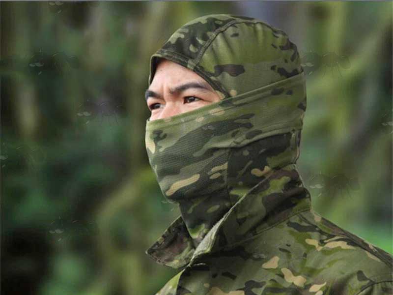 British Camouflage Coloured Open Face Balaclava Being Worn