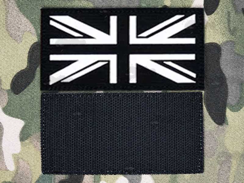 Front and Back Views of The Infrared Reflective White UK Flag Morale Patch