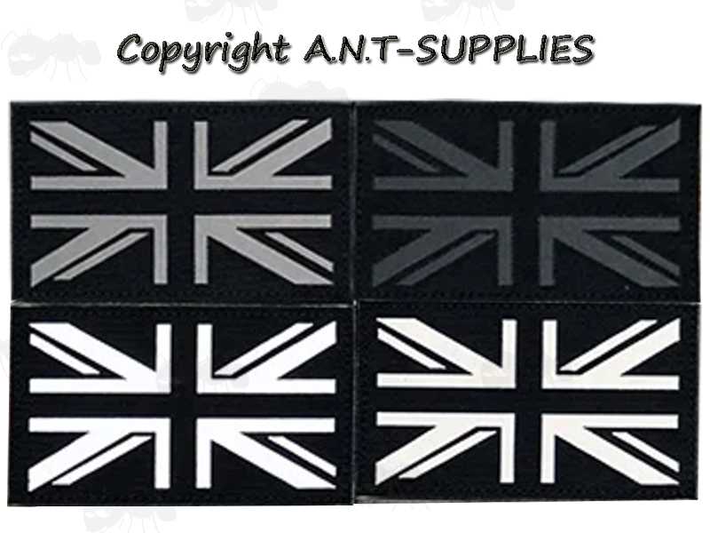 Black, Grey and White Colour Options of The Infrared Reflective UK Flag Morale Patches