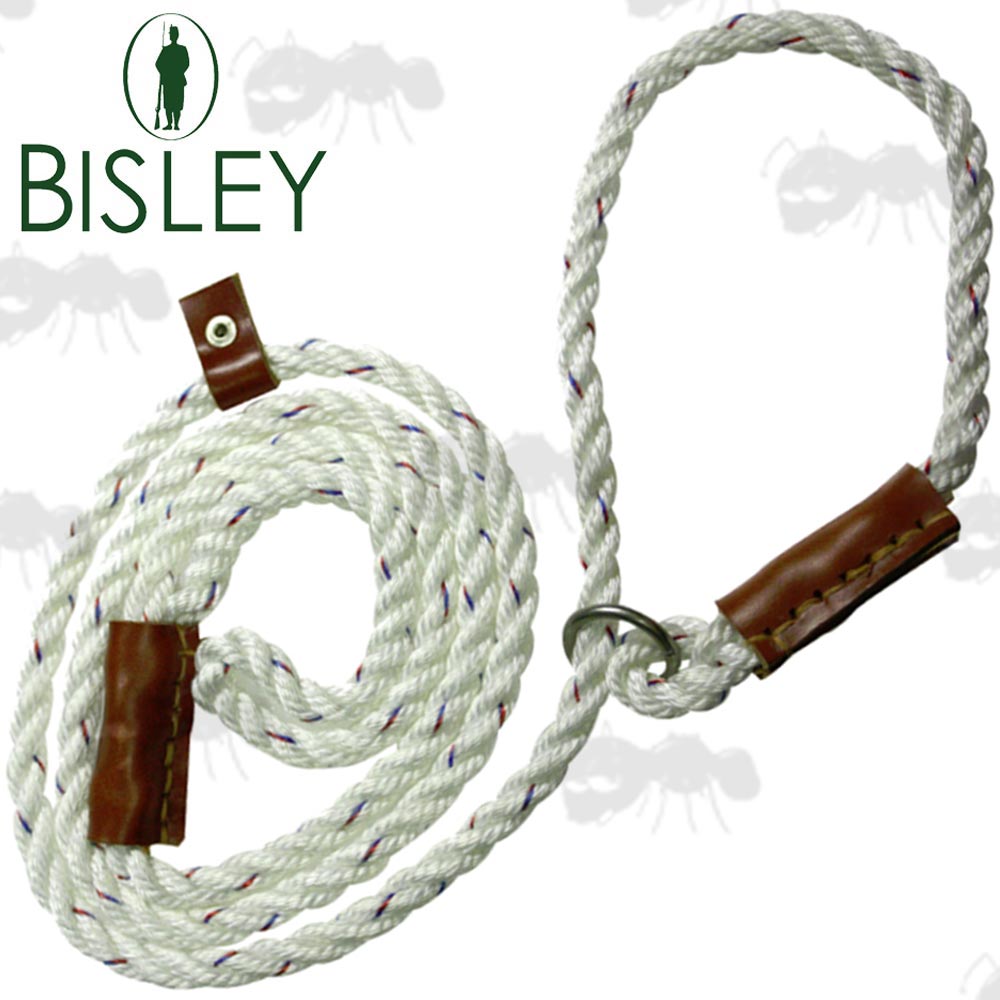 Bisley Field Trial Dog Rope Lead in White with Steel Ring and Leather Stopper