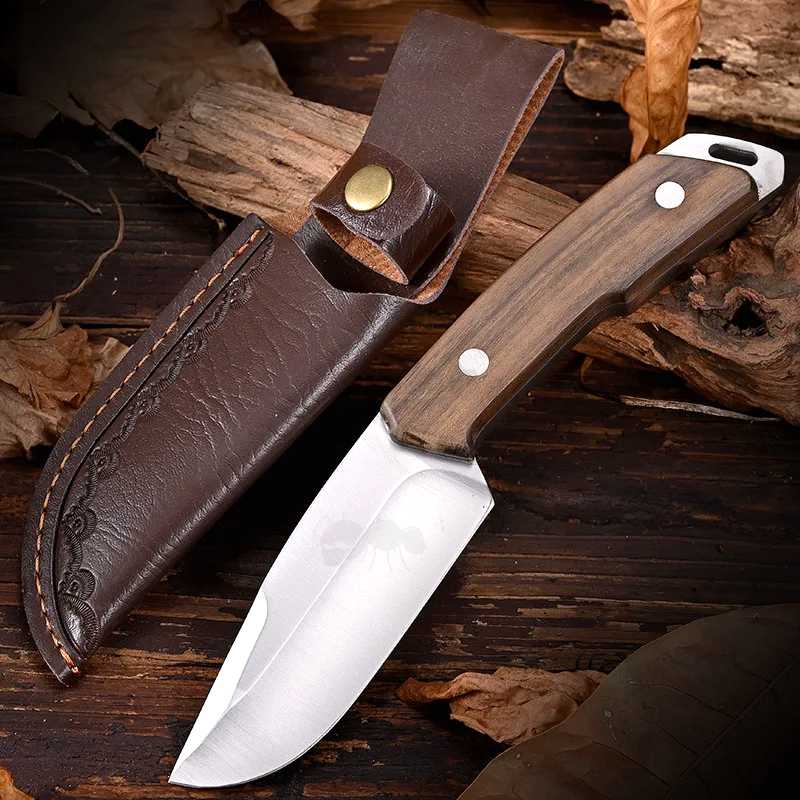 Classic Hunters' Fixed Blade Full Tang Knife with Dark Brown Sandalwood Scales and Dark Brown Faux Leather Belt Sheath