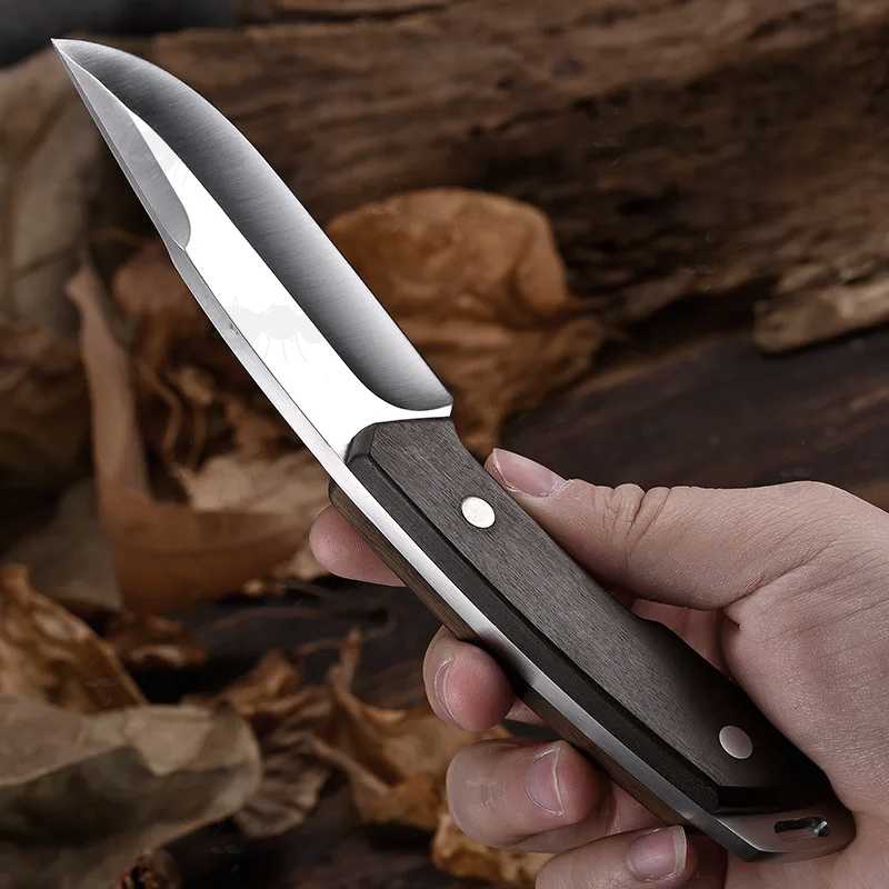 Classic Hunters' Fixed Blade Full Tang Knife with Dark Brown Sandalwood Scales, Shown in Hand