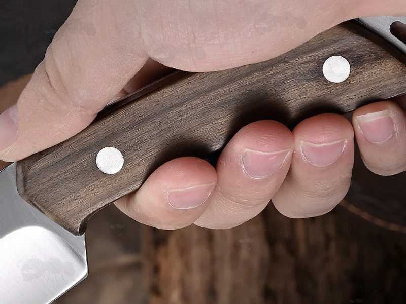 Classic Hunters' Fixed Blade Full Tang Knife with Dark Brown Sandalwood Scales, Shown in Hand