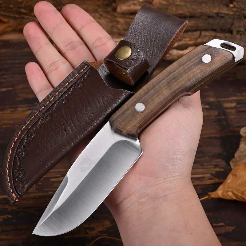 Classic Hunters' Fixed Blade Full Tang Knife with Dark Brown Sandalwood Scales and Dark Brown Faux Leather Belt Sheath, Shown in Hand