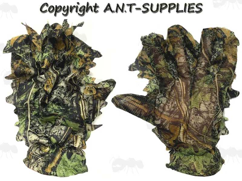 Front and Back View Of A Pair Of Camouflage 3D Leaf Gloves for Use with Ghillie Suits, Hunting, Fishing, Paintball or Airsoft Games