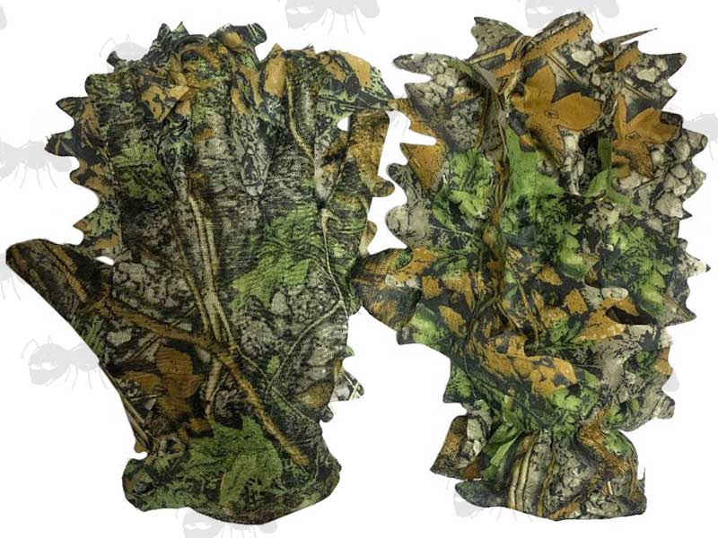 Front and Back View Of A Pair Of Camouflage 3D Leaf Gloves For Use With Ghillie Suits, Hunting, Fishing, Paintball or Airsoft Games