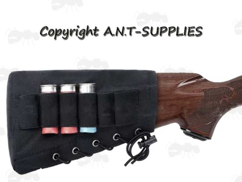 Six Shotgun Cartridge Loops on a Black Canvas Butt End Cover with Lace-Up Design, Shown Fitted to Wooden Stock