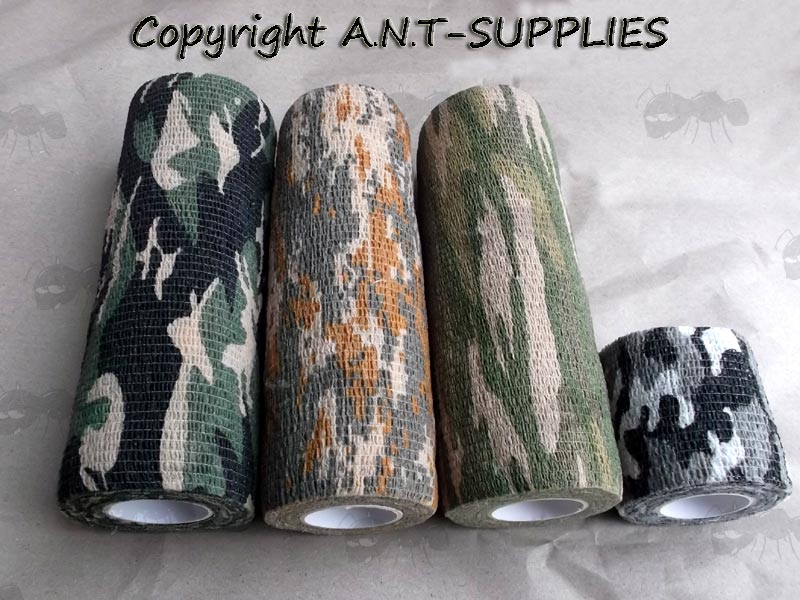Three Rolls of 15cm Wide Assorted Camouflage Stealth Tapes and One Roll Of 5cm Snow Camo Stealth Tape