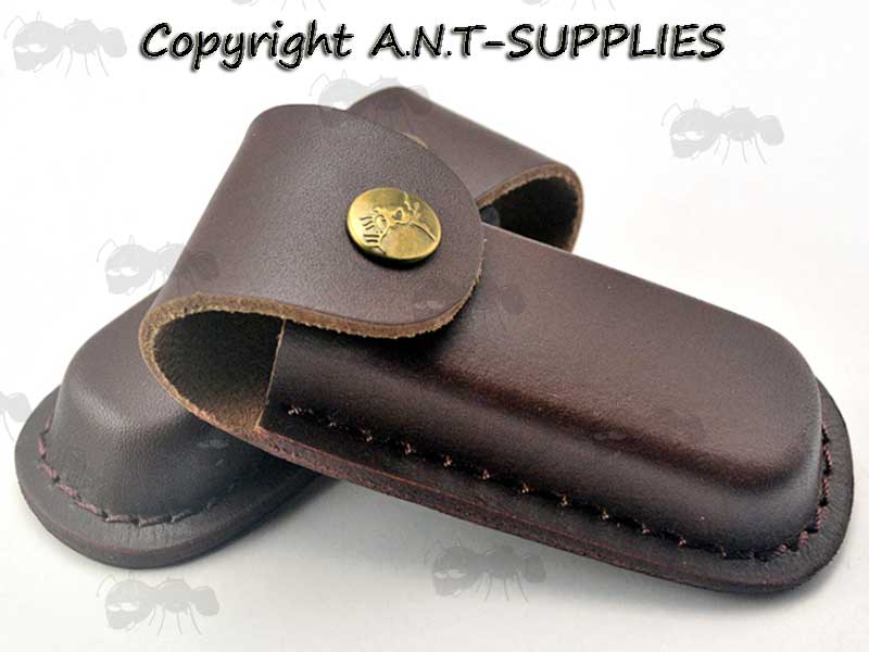 Two Medium Sized Dark Brown Leather Folding Blade Knife Pouches