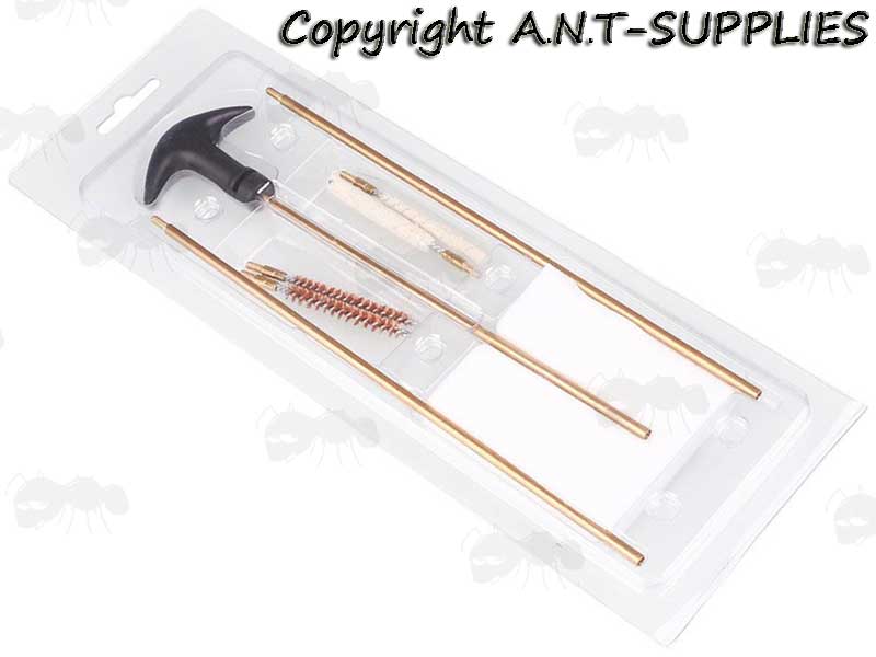 AnTac Three Piece Brass Airgun Barrel Black Plastic T-Shaped Handle Cleaning Rod with Two .177 and .22 Calibre Bronze Brushes and Mops, and Pack of Cloths In Clear Plastic Blister Pack Display Hanger